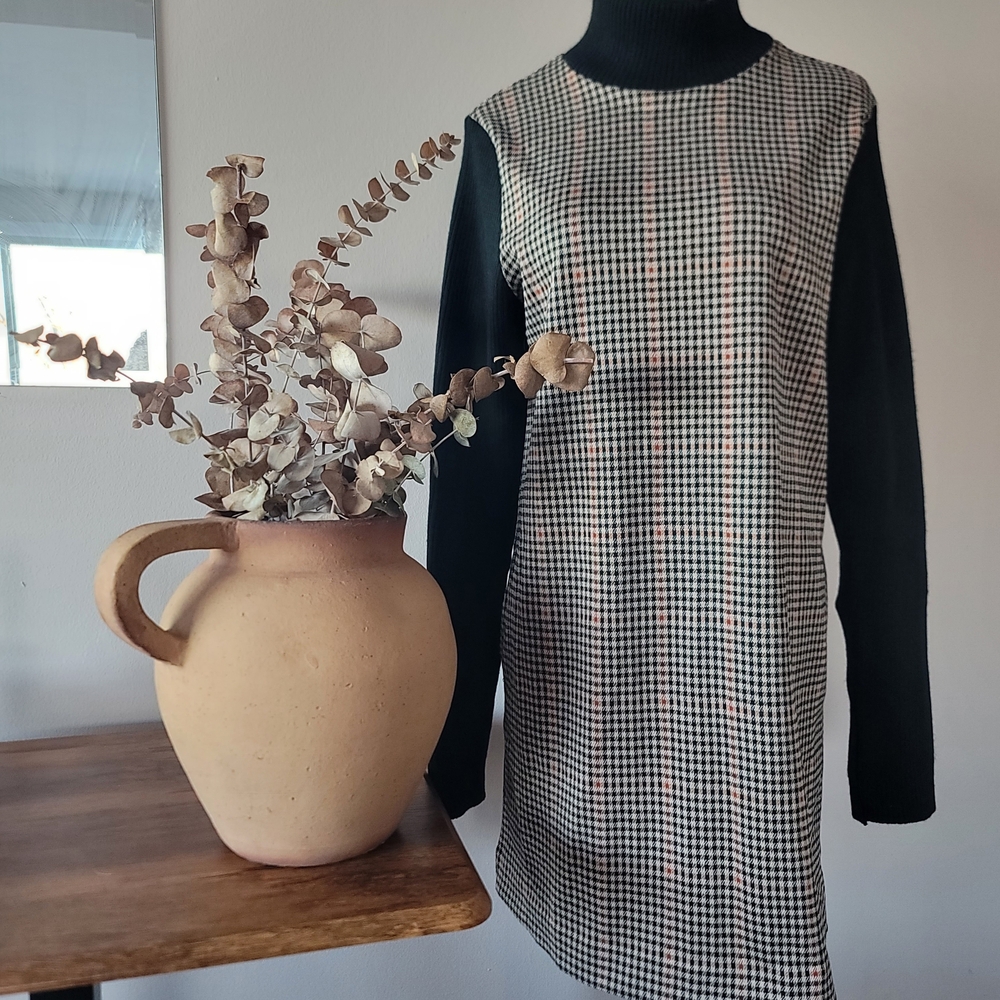 RD Style Tan Red Black Checker Long Sleeve Sweater Dress Vintage Y2k Preppy Sz M